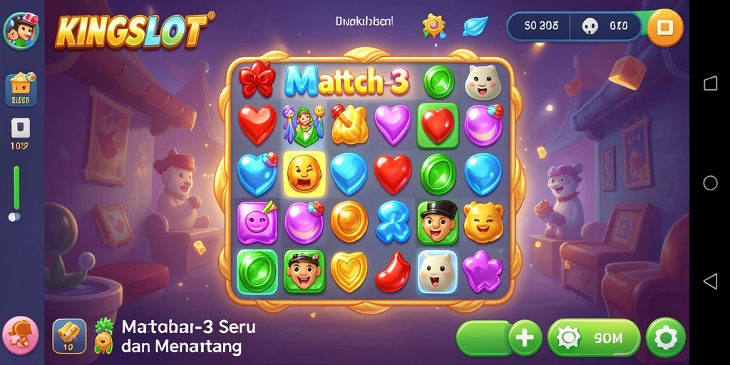 Screenshot gameplay KINGSLOT menampilkan kombinasi permata yang memukau.