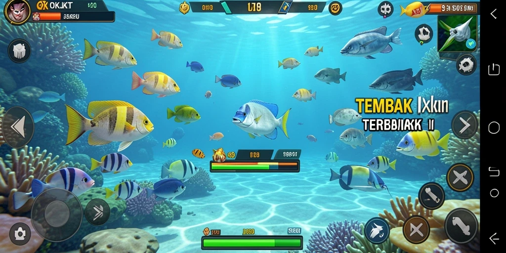 Screenshot gameplay OKJKT yang menampilkan aksi menembak ikan.