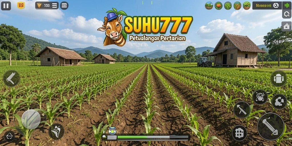 Tampilan gameplay <strong>Suhu777</strong> dengan pertanian yang indah dan interaksi seru.